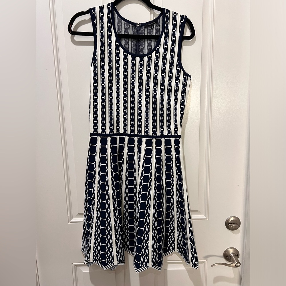 Pink Tartan Hexagon-Knit Scallop-Hem Fit & Flare Dress, Blue/White